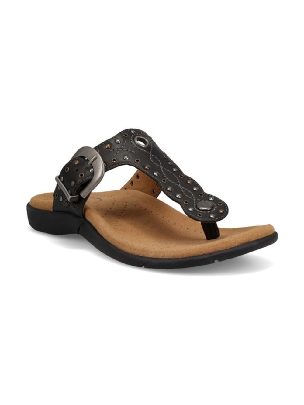 Taos Footwear Black Studded Toe-Post Sandal with Buckle Accent